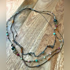 Silpada 3 strand long necklace, chalcedony, Smokey quartz, pink and green quartz